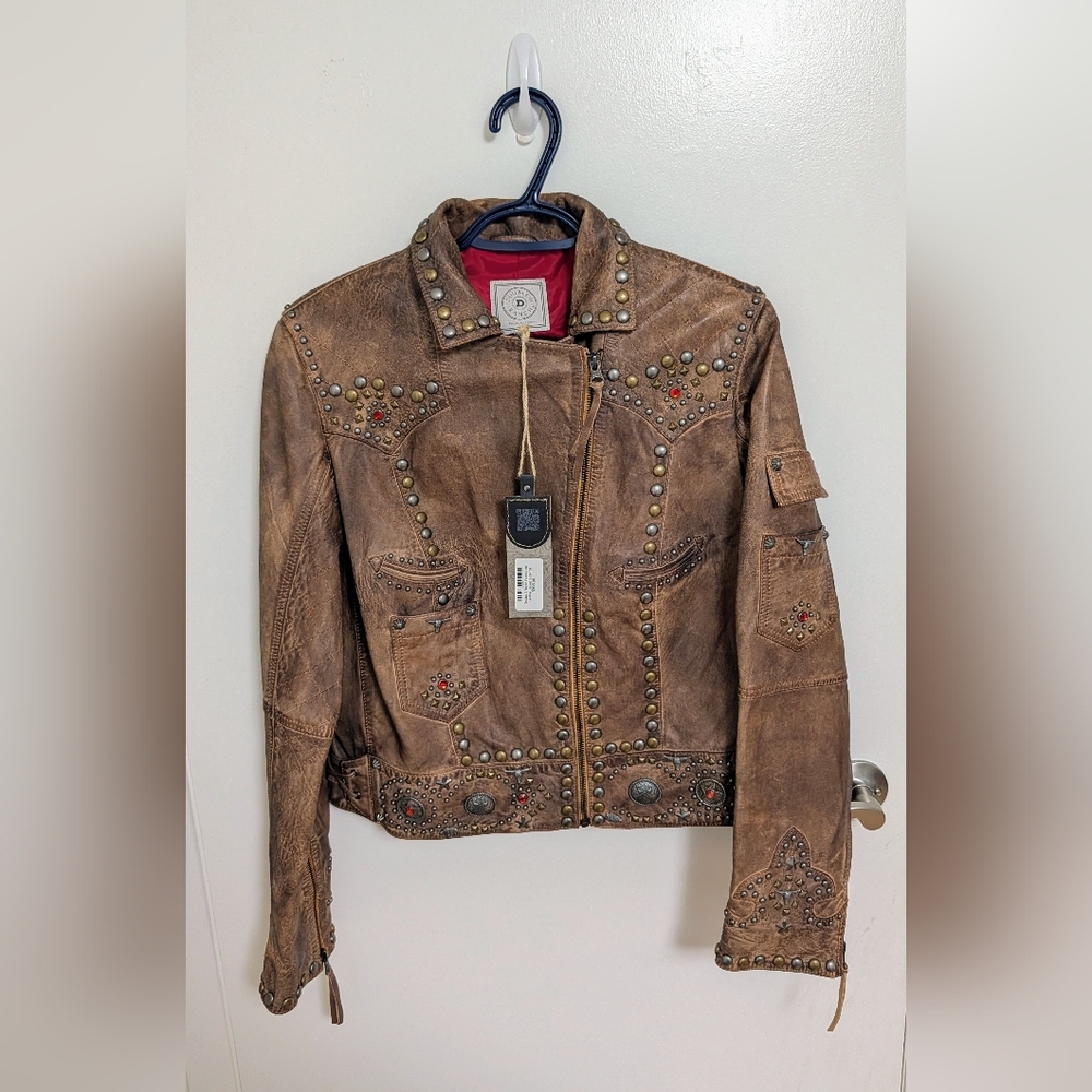 Brand New With Tags Double D Ranch Embellished Brown Leather Jacket - Women's M